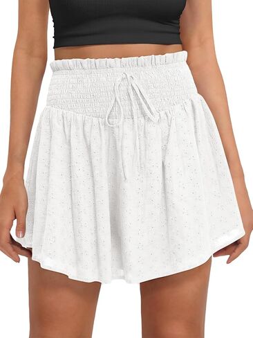 Caracilia Womens Summer Eyelet Mini Skirts High Waist Smocked Layered Ruffle Cute Boho Short Skorts 2026 Casual Beach Outfits in Saudi Arabia