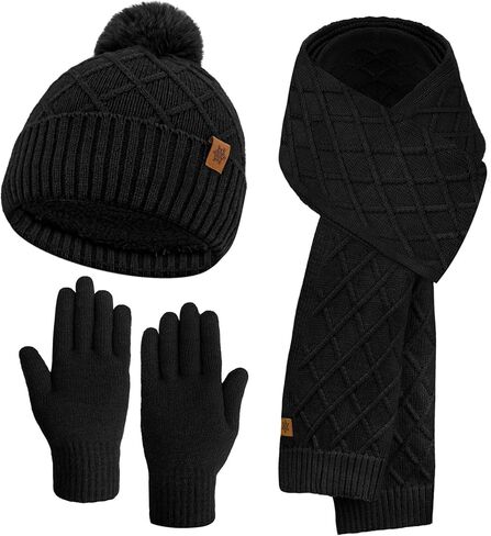 Hat Gloves Scarf Set Women, Winter Beanie with Pom Pom Warm Gloves Long Scarf 3 in 1 Set in Saudi Arabia