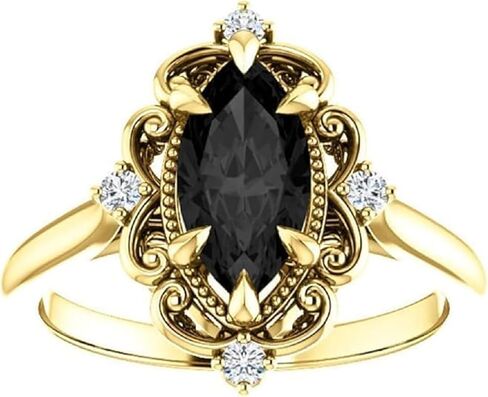 Vintage Black Engagement Ring, 10K Yellow Gold, Victorian 1.5 CT Marquise Black Diamond Ring, Filigree Marquise Black Onyx Ring, Perfact Gift for Wife in Saudi Arabia