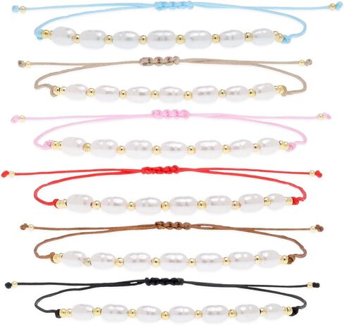 مجموعة أساور مكدسة من خرز لؤلؤ المياه العذبة للنساء، خرز ذهبي صغير قابل للتعديل مصنوع يدويًا من بوهو وقابل للتكديس ومطاط بسلسلة ملونة وإكسسوارات مجوهرات هدية. in Kuwait