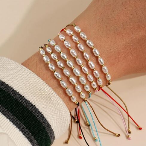 مجموعة أساور مكدسة من خرز لؤلؤ المياه العذبة للنساء، خرز ذهبي صغير قابل للتعديل مصنوع يدويًا من بوهو وقابل للتكديس ومطاط بسلسلة ملونة وإكسسوارات مجوهرات هدية. in Kuwait
