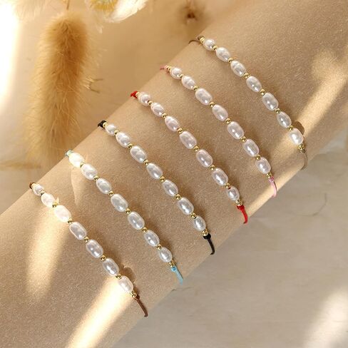 مجموعة أساور مكدسة من خرز لؤلؤ المياه العذبة للنساء، خرز ذهبي صغير قابل للتعديل مصنوع يدويًا من بوهو وقابل للتكديس ومطاط بسلسلة ملونة وإكسسوارات مجوهرات هدية. in Kuwait