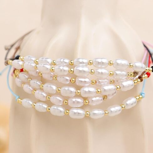 مجموعة أساور مكدسة من خرز لؤلؤ المياه العذبة للنساء، خرز ذهبي صغير قابل للتعديل مصنوع يدويًا من بوهو وقابل للتكديس ومطاط بسلسلة ملونة وإكسسوارات مجوهرات هدية. in Kuwait