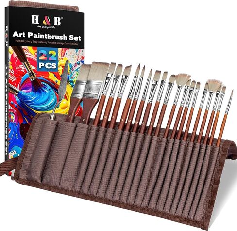 22PCS H&B Paint Brush Set, Travel Watercolor Acrylic Painting Brushes with Canvas Roll & Palette Knife, Professional Artist Brush Kit for Oil, Acrylic Canvas Paintings (Brown) in Saudi Arabia