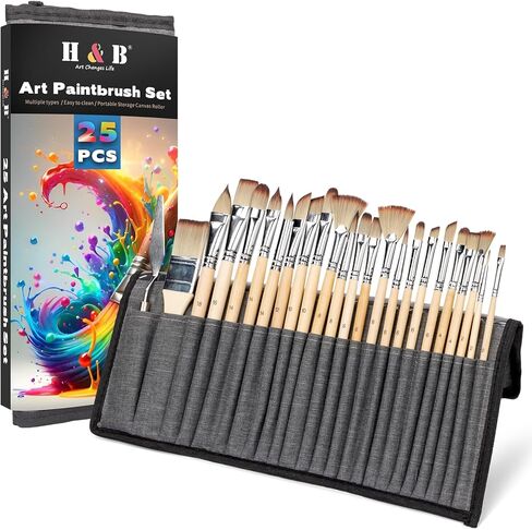 مجموعة فرش طلاء H&B مكونة من 22 قطعة، فرش طلاء أكريليك بألوان مائية للسفر مع لفافة قماش وسكين لوحة، مجموعة فرش فنان احترافية للزيت، لوحات قماش أكريليك (بني) in Kuwait