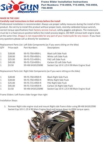 Shogun USA Made Kaw ZX10 ZX10R ZX10RR 2016 2017 2018 2019 2020 2021 2022 2023 2024 2025 2026 مجموعة منزلق سوداء كاملة بدون قطع تتضمن بدون قطع إطار منزلقات وبكرات ذراع متأرجحة وأطراف شريط - 755-4959 in Saudi Arabia
