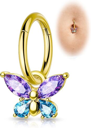COCHARM 14G Gold Plated Clicker Belly Button Rings Purple Butterfly Belly Button Rings for Women Stainless Steel Navel Piercing Jewelry in Saudi Arabia