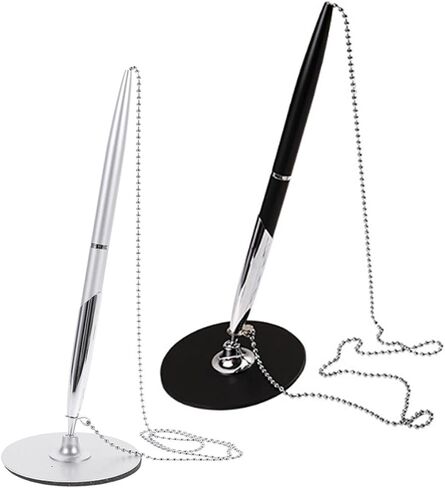 أقلام كتابة معدنية بتصميم سلسلة مع قاعدة ثابتة لسطح المكتب، مجموعة من قطعتين أقلام كتابة مضادة للمكتب والفندق باللونين الأسود والفضي لتوقيع الأعمال in Kuwait