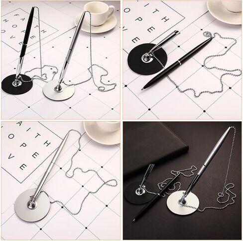 أقلام كتابة معدنية بتصميم سلسلة مع قاعدة ثابتة لسطح المكتب، مجموعة من قطعتين أقلام كتابة مضادة للمكتب والفندق باللونين الأسود والفضي لتوقيع الأعمال in Kuwait