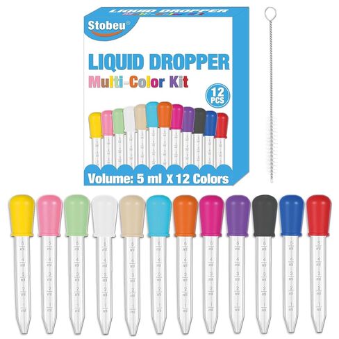 13-Piece Liquid Pipettes Droppers 5ML Set with A Clean Brush, 12 Colors Plastic Clear Pipettes for Kids with Silicone Bulb Tip, Medicine Eye Dropper for Feeding/Crafts/Candy Mold/Gummy Bear Maker/Oil in Saudi Arabia