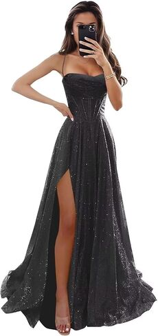 Sparkly Tulle Prom Dresses for Teens 2026 Sequin Spaghetti Straps Corset Evening Formal Gown with Slit in Saudi Arabia
