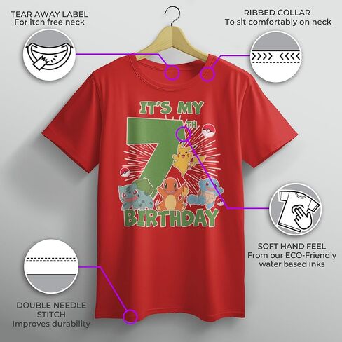 Boys Pokémon Birthday T-Shirt - 7th Birthday It's My 7th Birthday Shirt, Graphic Tee, Official Pokémon Shirt Red in Saudi Arabia