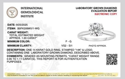 IGI Certified 1 Carat Lab Grown Diamond Solitaire Engagement Ring 14K Yellow Gold or White Gold (F-G Color, VS2-SI1 Clarity) in Saudi Arabia