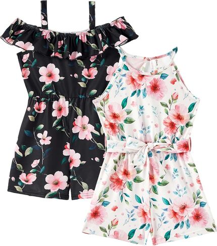 باتبات الفتيات 2-حزمة رومبير بلا أكمام النباتات الأزهار المطبوعة أزياء الصيف الملابس للأطفال مجموعة متعددة 5-12 سنة in Kuwait