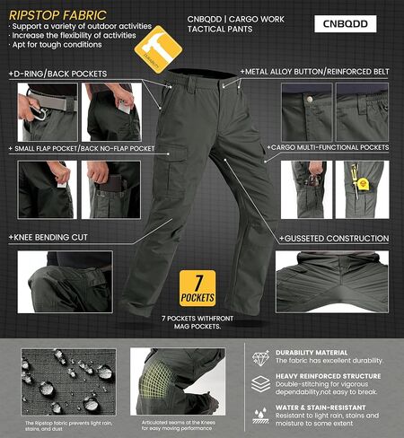 الرجال العمل السراويل Ripstop مقاومة للماء السراويل البضائع الرجال مع 7 جيوب التكتيكية سراويل للتسلق البناء الجيش الأخضر 34Wx30L in Kuwait