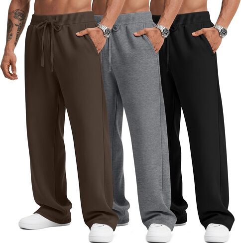 3 Pack Men's Big and Tall Sweatpants Athletic Open Bottom Drawstring Lounge Pants Plus Size Joggers with Pockets in Saudi Arabia