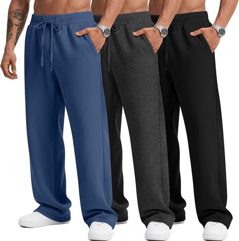 3 Pack Men's Big and Tall Sweatpants Athletic Open Bottom Drawstring Lounge Pants Plus Size Joggers with Pockets in Saudi Arabia