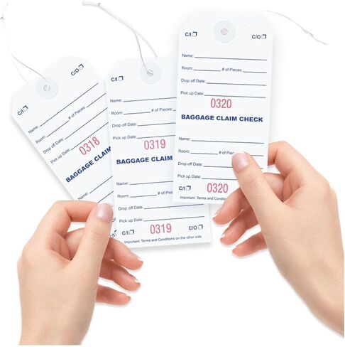 1000 بطاقة فحص للمطالبة بالأمتعة مع ترقيم أحمر متتابع. أشرطة مرنة مرفقة بكل بطاقة مع فتحة معززة حول الفتحة تمنع التمزق. الحجم: 5 1/4 بوصة (الارتفاع) × 2 5/8 بوصة (العرض) in Kuwait