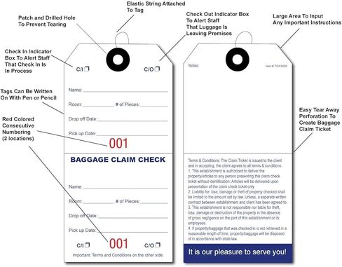 1000 بطاقة فحص للمطالبة بالأمتعة مع ترقيم أحمر متتابع. أشرطة مرنة مرفقة بكل بطاقة مع فتحة معززة حول الفتحة تمنع التمزق. الحجم: 5 1/4 بوصة (الارتفاع) × 2 5/8 بوصة (العرض) in Kuwait