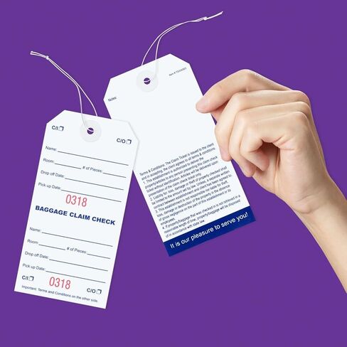 1000 بطاقة فحص للمطالبة بالأمتعة مع ترقيم أحمر متتابع. أشرطة مرنة مرفقة بكل بطاقة مع فتحة معززة حول الفتحة تمنع التمزق. الحجم: 5 1/4 بوصة (الارتفاع) × 2 5/8 بوصة (العرض) in Kuwait