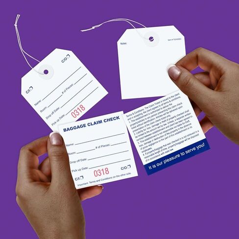 1000 بطاقة فحص للمطالبة بالأمتعة مع ترقيم أحمر متتابع. أشرطة مرنة مرفقة بكل بطاقة مع فتحة معززة حول الفتحة تمنع التمزق. الحجم: 5 1/4 بوصة (الارتفاع) × 2 5/8 بوصة (العرض) in Kuwait