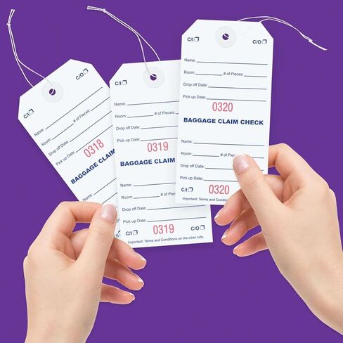 1000 بطاقة فحص للمطالبة بالأمتعة مع ترقيم أحمر متتابع. أشرطة مرنة مرفقة بكل بطاقة مع فتحة معززة حول الفتحة تمنع التمزق. الحجم: 5 1/4 بوصة (الارتفاع) × 2 5/8 بوصة (العرض) in Kuwait
