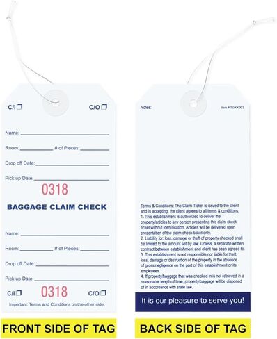 1000 بطاقة فحص للمطالبة بالأمتعة مع ترقيم أحمر متتابع. أشرطة مرنة مرفقة بكل بطاقة مع فتحة معززة حول الفتحة تمنع التمزق. الحجم: 5 1/4 بوصة (الارتفاع) × 2 5/8 بوصة (العرض) in Kuwait