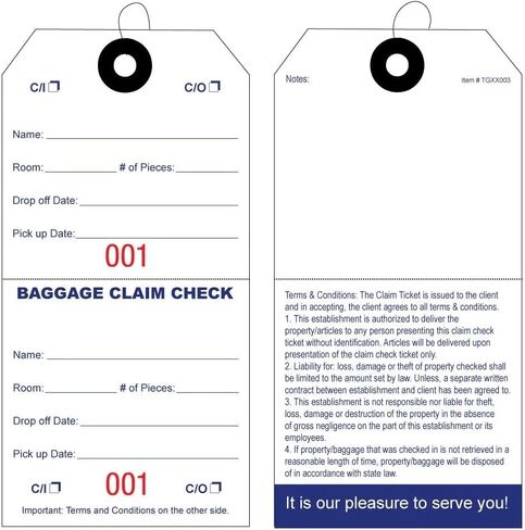 1000 بطاقة فحص للمطالبة بالأمتعة مع ترقيم أحمر متتابع. أشرطة مرنة مرفقة بكل بطاقة مع فتحة معززة حول الفتحة تمنع التمزق. الحجم: 5 1/4 بوصة (الارتفاع) × 2 5/8 بوصة (العرض) in Kuwait