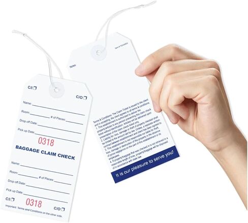 1000 بطاقة فحص للمطالبة بالأمتعة مع ترقيم أحمر متتابع. أشرطة مرنة مرفقة بكل بطاقة مع فتحة معززة حول الفتحة تمنع التمزق. الحجم: 5 1/4 بوصة (الارتفاع) × 2 5/8 بوصة (العرض) in Kuwait