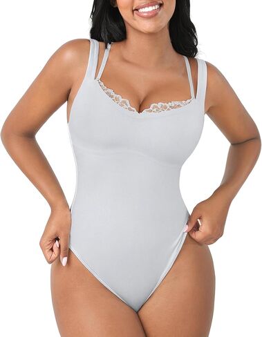 FeelinGirl V Neck Shapewear Bodysuits for Women Sleeveless Lace Body Shaper Tummy Control Thong Bodysuits for Women in Saudi Arabia