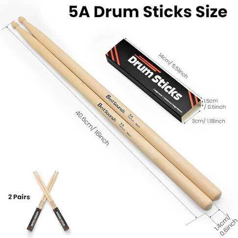 2 Pairs Drum Sticks 5A, Professional Classic Maple Wood Drumsticks, Wood Tip for Acoustic Drums or Electronic Drums, Adults, Kids and Beginners (2Pairs) (2 Pairs) in Kuwait