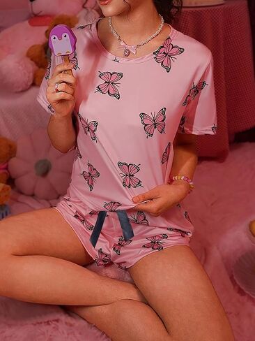 Womens Pajama Sets Short Sleeve Summer Sleepwear Round Neck Top and Shorts Soft Pjs Printed Lounge Sets 2 Piece in Saudi Arabia