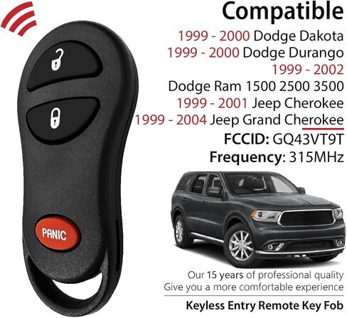 Replacement for 1999 2000 2001 2002 2003 2004 Dodge Dakota Durango Ram 1500 2500 3500 Jeep Cherokee Grand Cherokee Key Fob Remote Control GQ43VT9T 3 Buttons 315MHz in Saudi Arabia