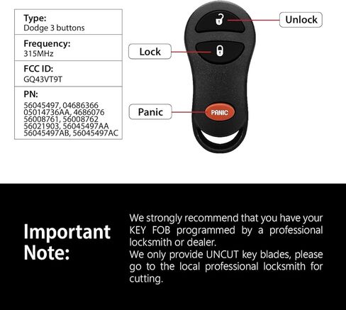 Replacement for 1999 2000 2001 2002 2003 2004 Dodge Dakota Durango Ram 1500 2500 3500 Jeep Cherokee Grand Cherokee Key Fob Remote Control GQ43VT9T 3 Buttons 315MHz in Saudi Arabia