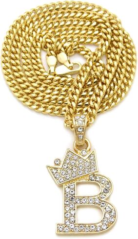 Fashion 21 Unisex Small Pave Crowned Initial Alphabet Letter Pendant 3mm 24 inches Cuban Chain Necklace in Gold Silver Tone in Saudi Arabia