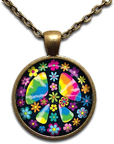 Retro Hipster Peace Sign Colorful Flowers Handmade ROUND Glass Pendant Necklace Jewelry in Kuwait