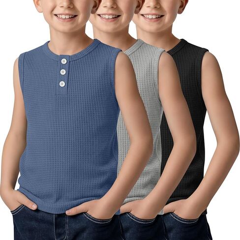 3 قطع من قمصان الأولاد بدون أكمام للأطفال، قميص هينلي وافل بدون أكمام، قمصان رياضية صيفية غير رسمية، قطع علوية ناعمة من 5 إلى 14 سنة in Kuwait