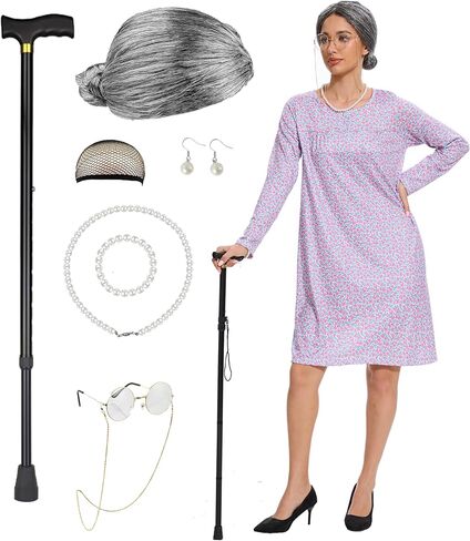 9PC Women Adult Old Lady Costume adult 100 Days of School Granny Grandma Wig Nightgown Dress Set in Kuwait