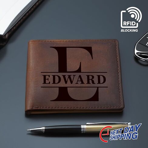 محفظة جلدية مخصصة للرجال - اسم منقوش مخصص أو حرف واحد فقط - محفظة ثنائية الطي تحجب RFID - حامل بطاقة جيب أمامي نحيف - هدية مخصصة للأب أو الزوج أو الصديق أو رفقاء العريس in Kuwait
