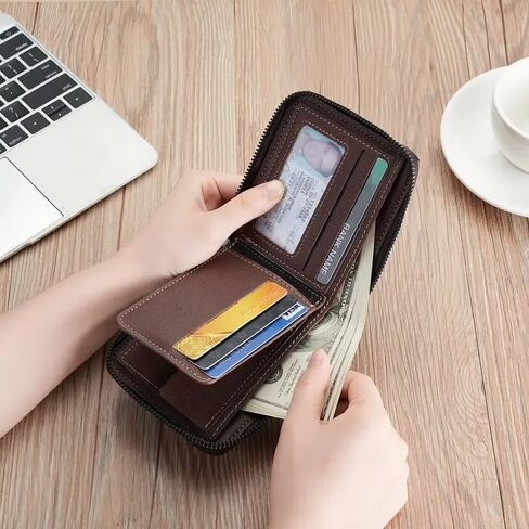 Men's Fashion Wallet-Multifunctional Large Capacity Card Holder with Crocodile Pattern, Zipper Closure, and Stitching Detail in Brown and Black, Cute Wallet in Saudi Arabia