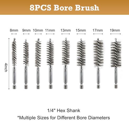 DUSCS 20-Piece Wire Bore Brush Set – 1/4" Hex Shank Stainless Steel, Brass & Nylon Bore Brushes for Drill, 8-19mm Tube Cleaning Brushes with Extension Bar & Handle in Kuwait