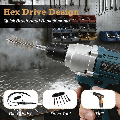 DUSCS 20-Piece Wire Bore Brush Set – 1/4" Hex Shank Stainless Steel, Brass & Nylon Bore Brushes for Drill, 8-19mm Tube Cleaning Brushes with Extension Bar & Handle in Kuwait