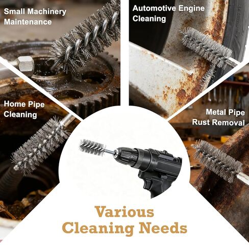 DUSCS 20-Piece Wire Bore Brush Set – 1/4" Hex Shank Stainless Steel, Brass & Nylon Bore Brushes for Drill, 8-19mm Tube Cleaning Brushes with Extension Bar & Handle in Kuwait