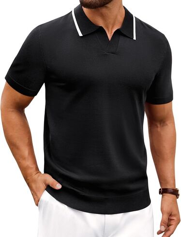 Alimens & Gentle Mens Polo Shirts Short Sleeve V Neck Regular Fit Polo Shirt Contrast Collar Knit Edge Casual Office Golf in Saudi Arabia