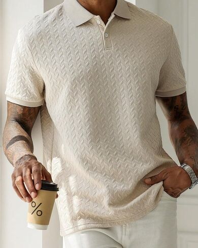 Mens Knit Polo Shirts Short Sleeve Hollow Out Knit Shirt Casual Golf Texture Knitted Vacation Beach Button in Saudi Arabia
