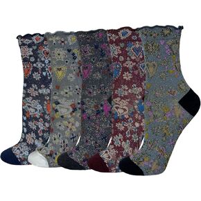 Cityelf 5 Pack Vintage Ruffle Socks for Women Retro Floral Patterned Frilly Socks Cotton Cute Casual Ankle Crew Lace Trim Sox in Kuwait