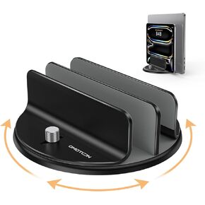 OMOTON 360° Rotating Vertical Laptop Stand Holder, Aluminum Dual-Slot Desk Organizer for MacBook & iPad, Sides Knob Adjustment (No Lost Screws), Holds Laptop, Tablet, Book & Keyboard, Fits up to 17.3" in Kuwait