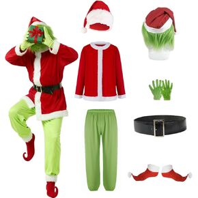 بدلة Adrinfly Christmas Green Big Monster Santa للبالغين، 7 قطع فاخرة من ملابس سانتا التنكرية مع قناع مقاس XXL in Kuwait