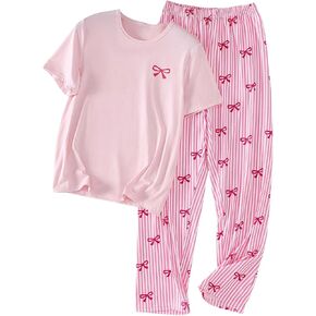 Women's 2 Piece PajamaSet Bow Graphic T Shirts and Striped Wide Leg Pants Pj Ser Soft Sleepwear in Saudi Arabia