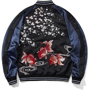 Goldfish Embroidery Bomber Jacket Long Sleeve Vintage Streetwear Oversized Zip Up Windbreaker for Men Women in Kuwait